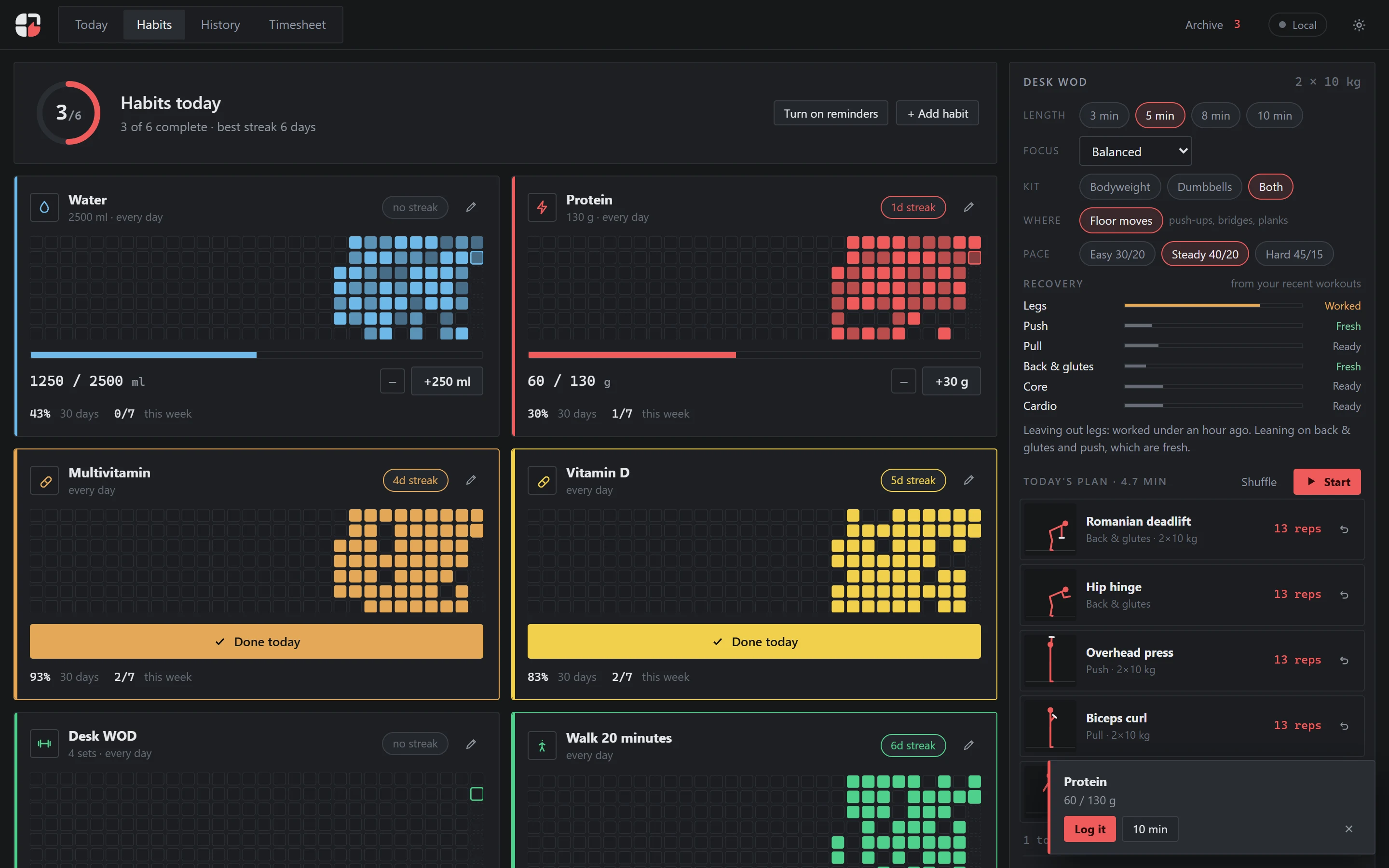 Habits: water, protein, vitamins, a daily walk and desk workouts, with streaks and a heat map.