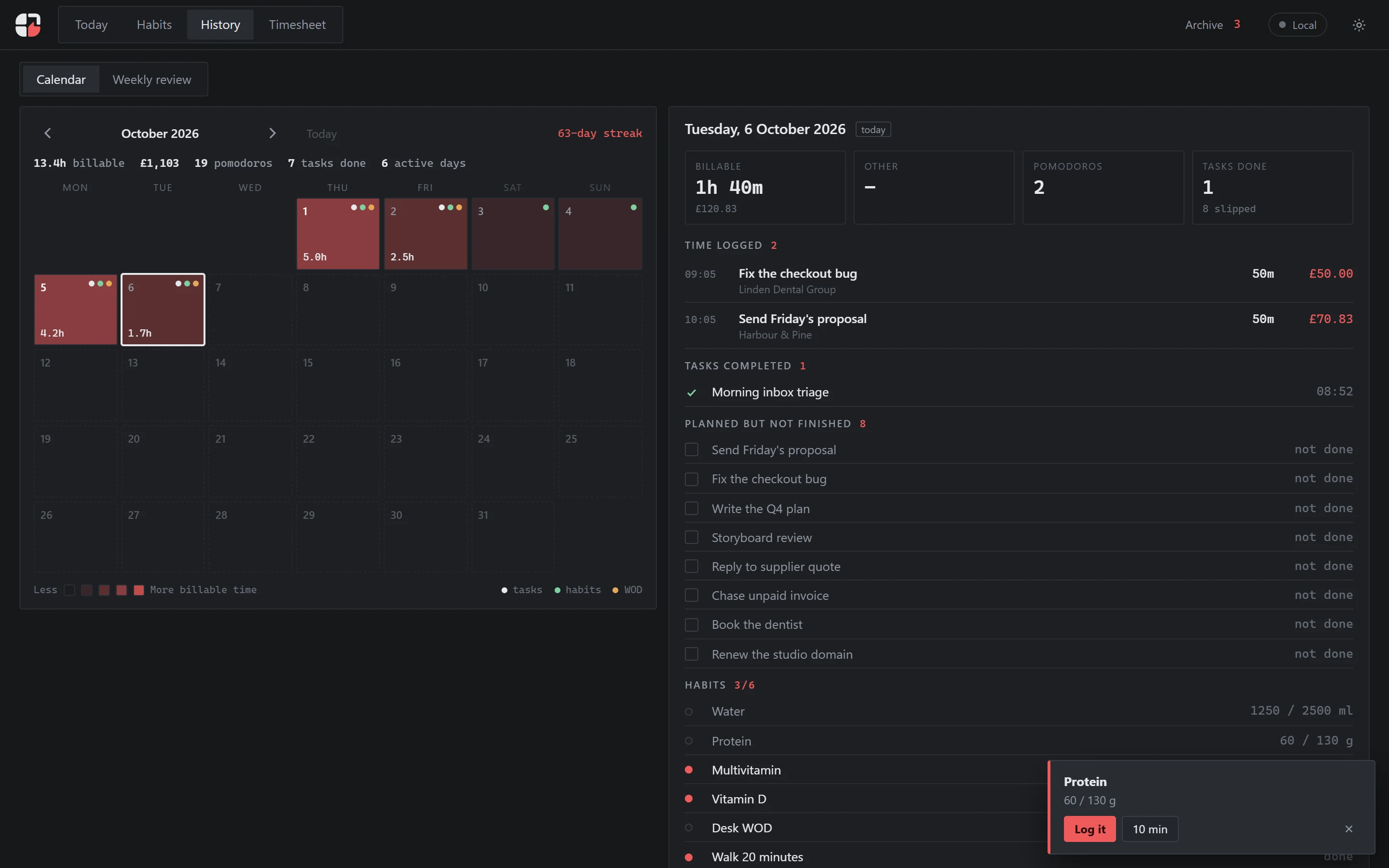 History: a month calendar of daily work and the weekly review.