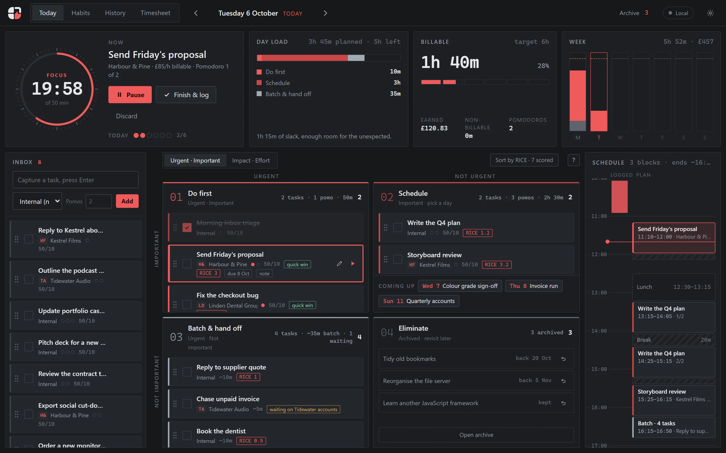 Izndo on a desktop. Tasks sit in four boxes, a focus timer is running on Send Friday's proposal, the day load and billable hours are on top, and the schedule is on the right.