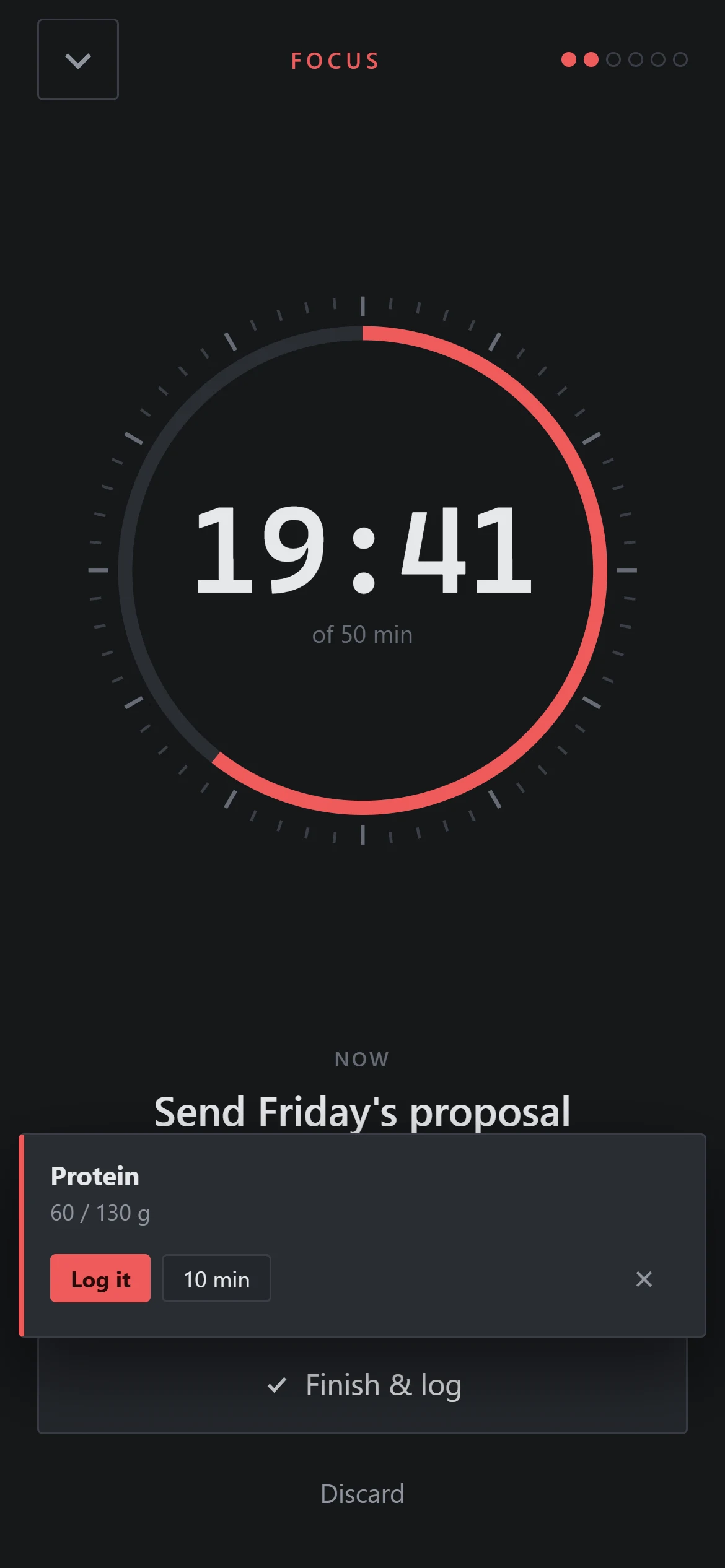 The full-screen focus timer on a phone, with the task, a countdown ring and large controls.