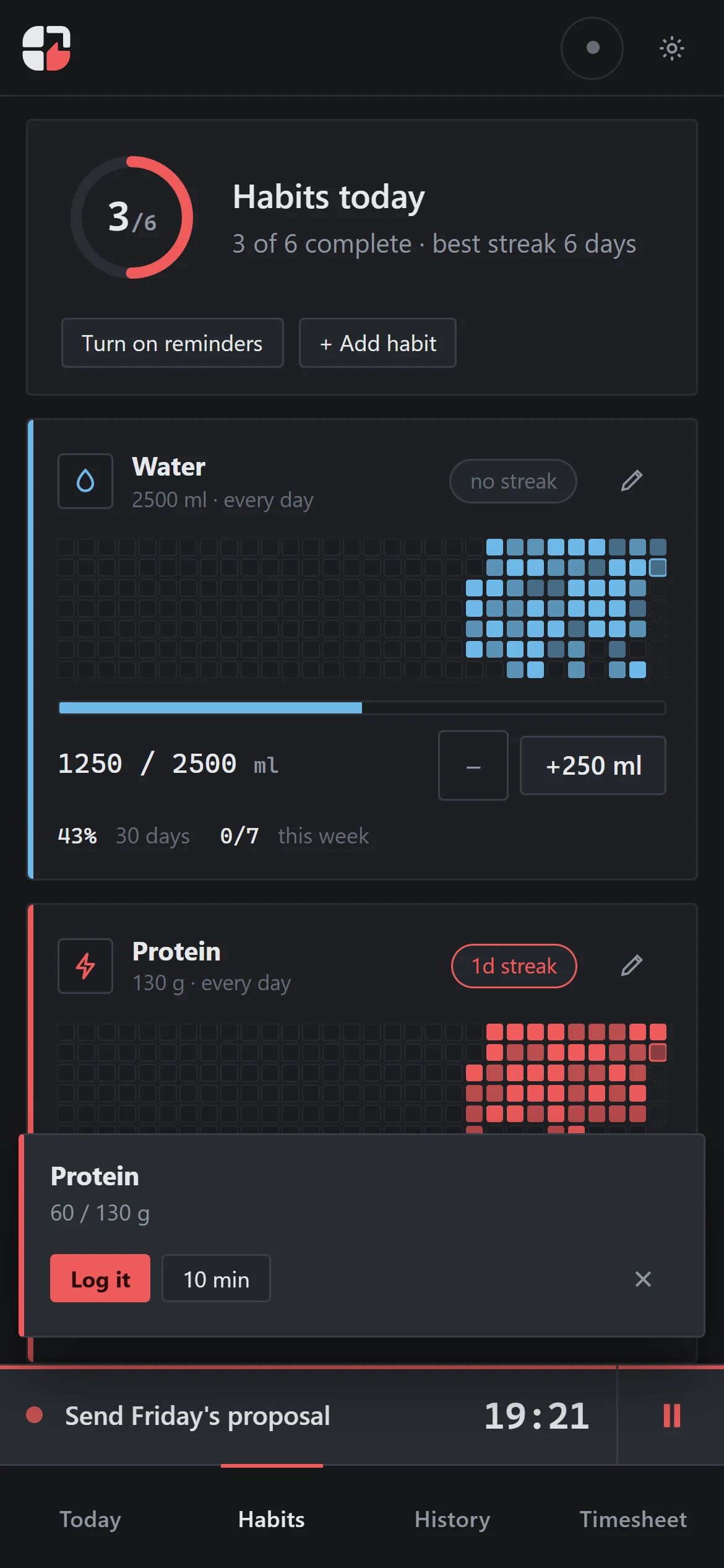 Habits on a phone with water and protein counters and daily checks.