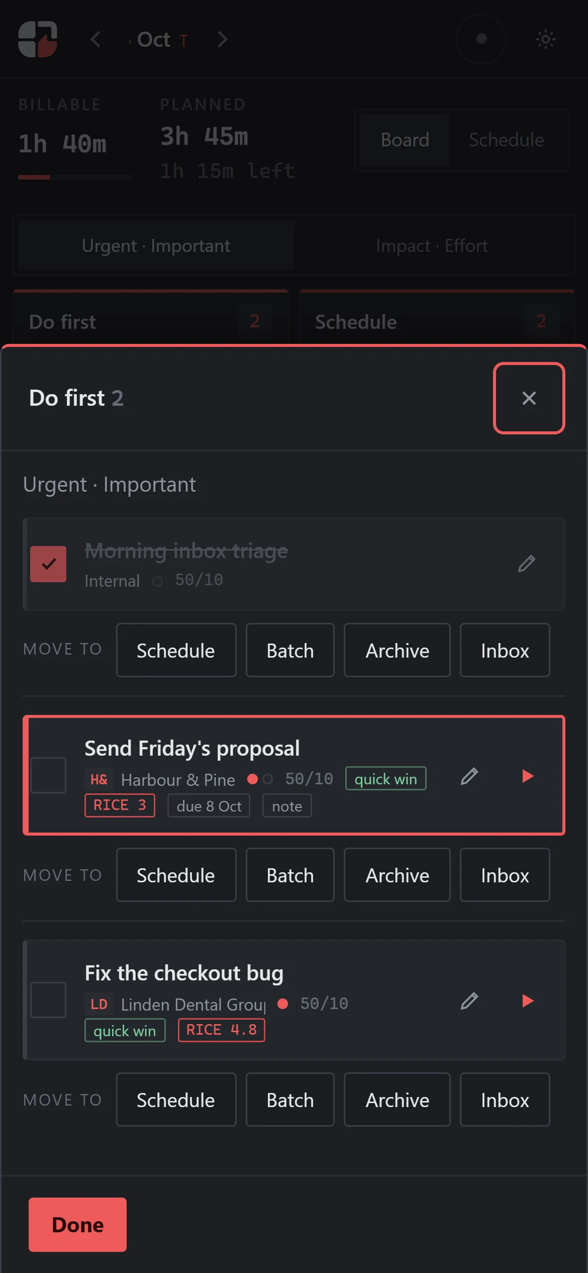 A phone sheet listing the tasks in Do first, with buttons to move each one.