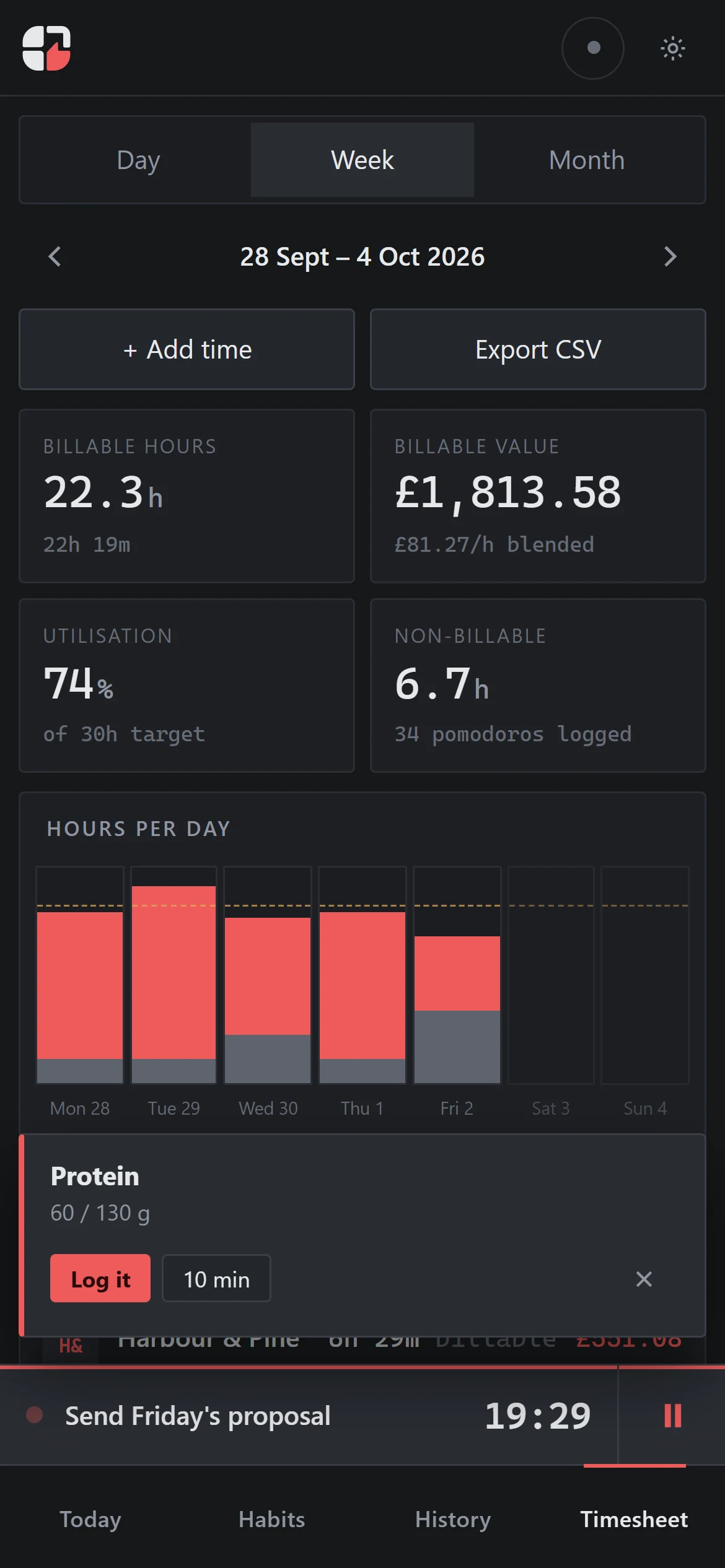 The phone timesheet: weekly totals and time entries as cards.